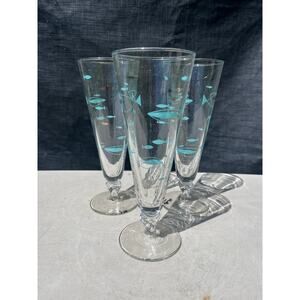 Vtg Libbey Fish Pilsner Glasses Atomic Silver & Aqua Beer MCM Lot of 3